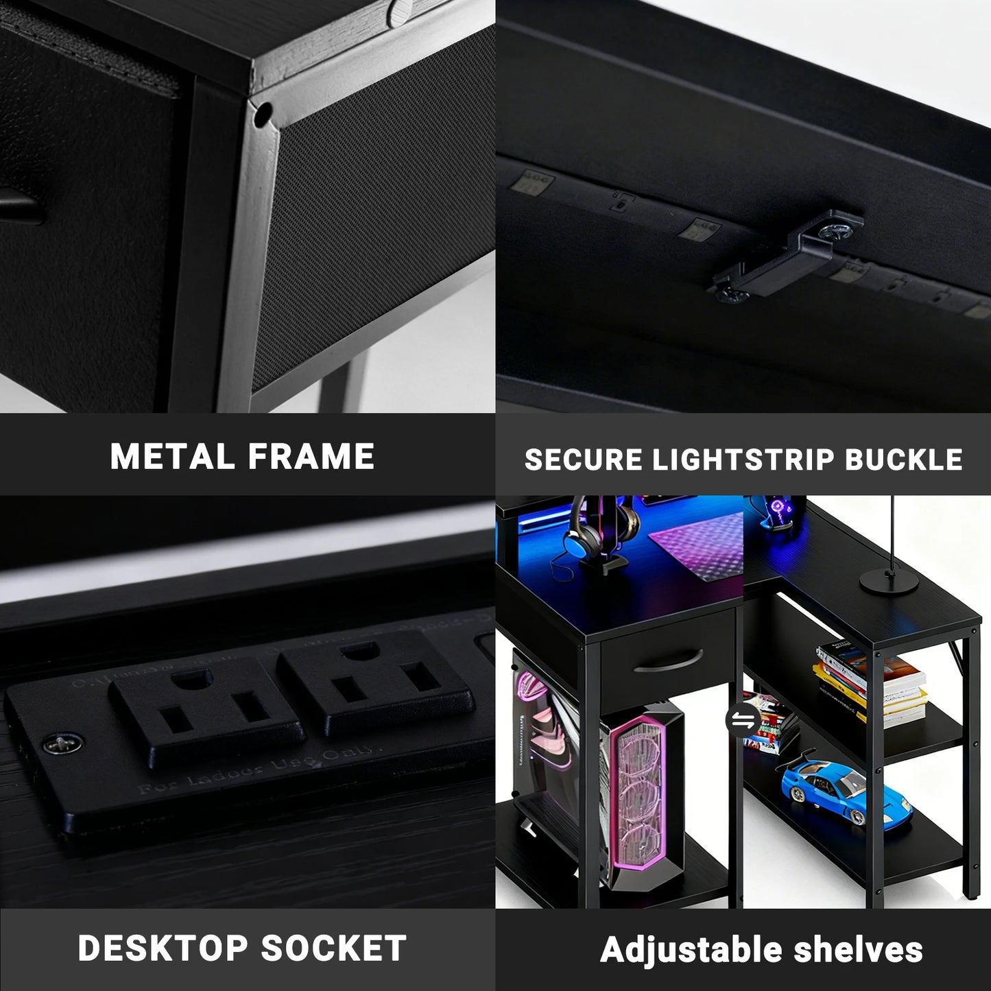 JHK L Shaped Gaming Desk With USB And LED Lighting