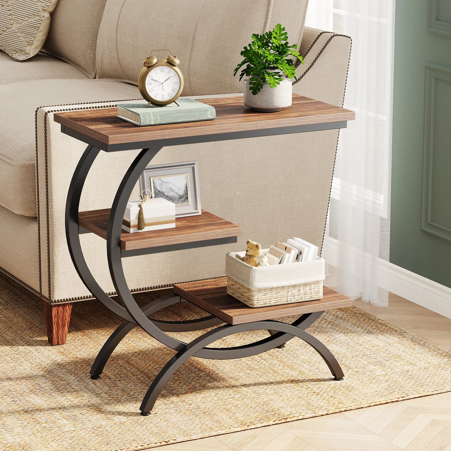 Tribesigns Industrial 3 Tier C Shaped End Table with Storage