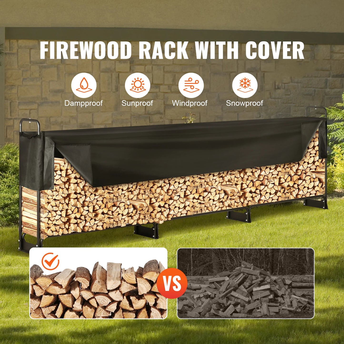 SucceBuy Outdoor Firewood Rack With Cover And Heavy Duty Holder