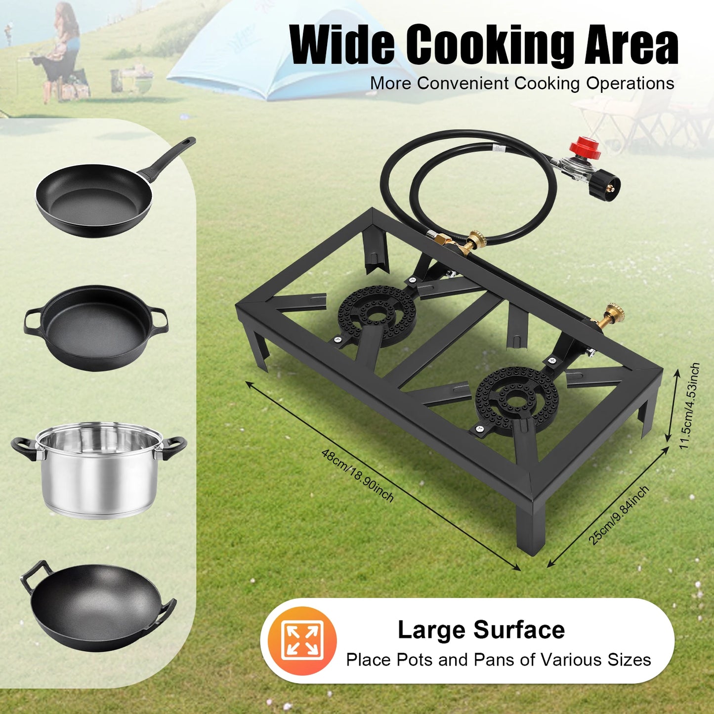 8000W Portable Double Burner Outdoor Gas Stove With 0 To 10 PSI Regulator Hose