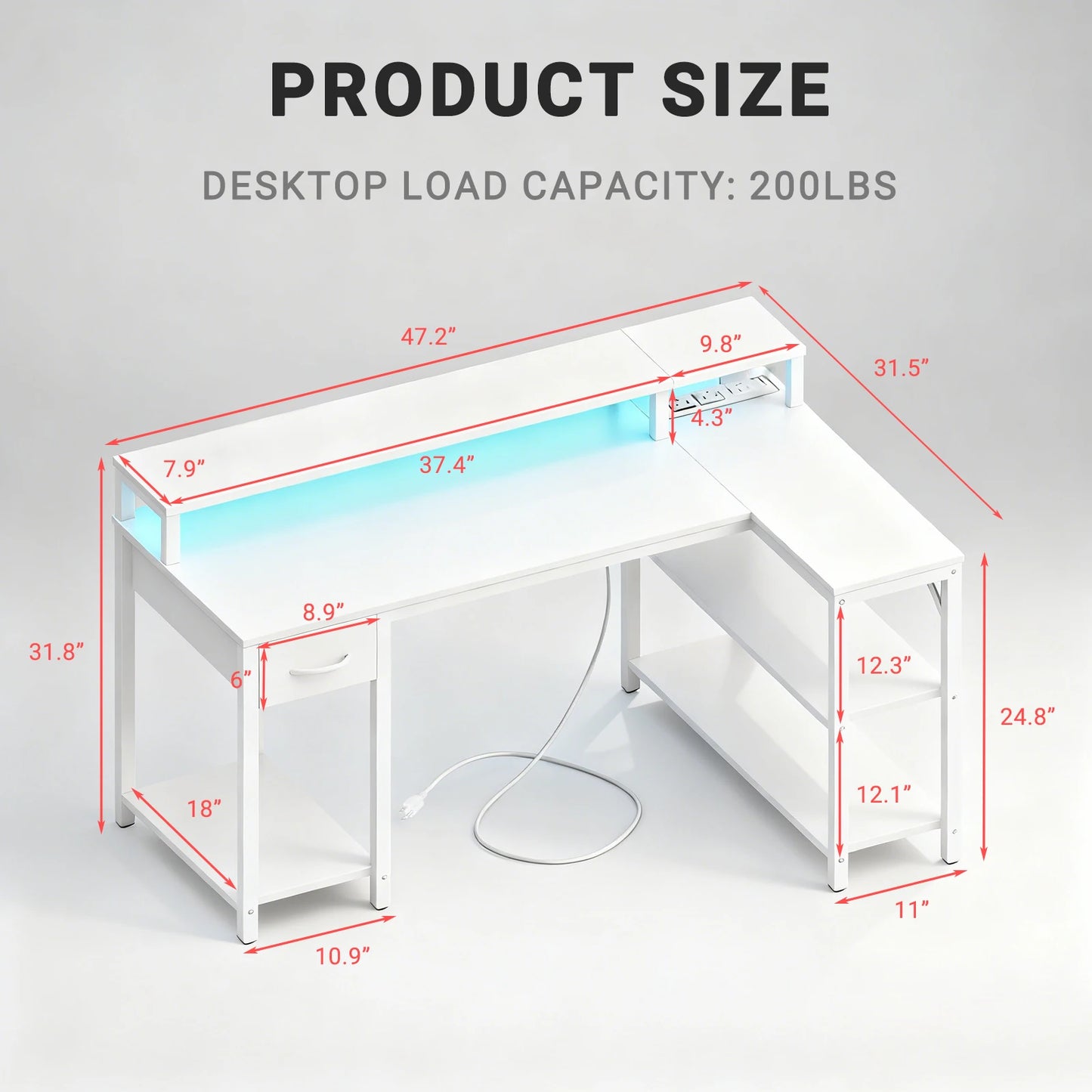 JHK L Shaped Gaming Desk With USB And LED Lighting
