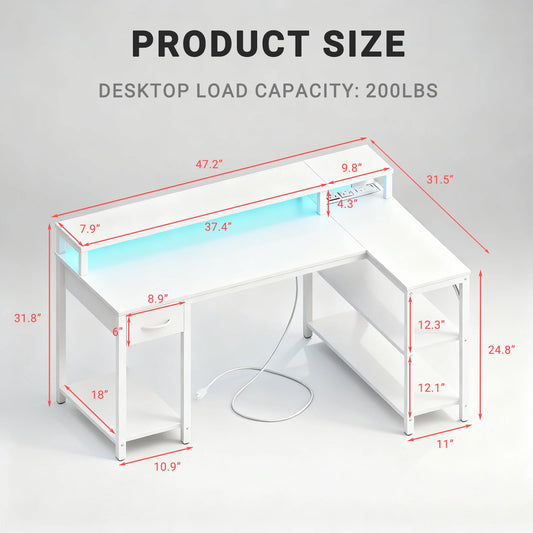 JHK L Shaped Gaming Desk With USB And LED Lighting