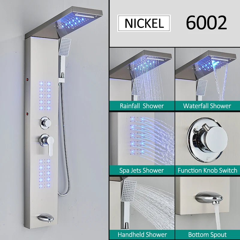 Black LED Shower Panel Tower System Rain Waterfall Shower Column Hydroelectricity Massage Body Spa Bath Shower Faucet Mixer