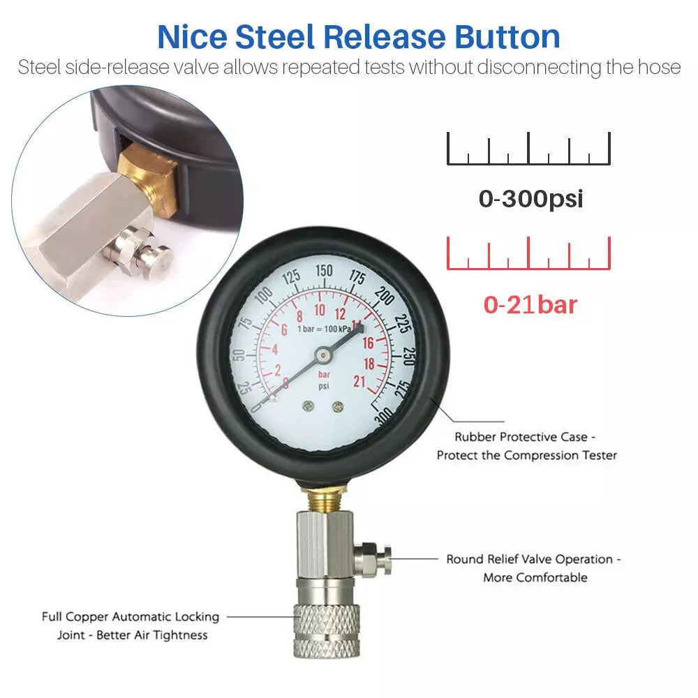 Petrol Engine Cylinder Compression Tester Kit For Automobiles And Motorcycles