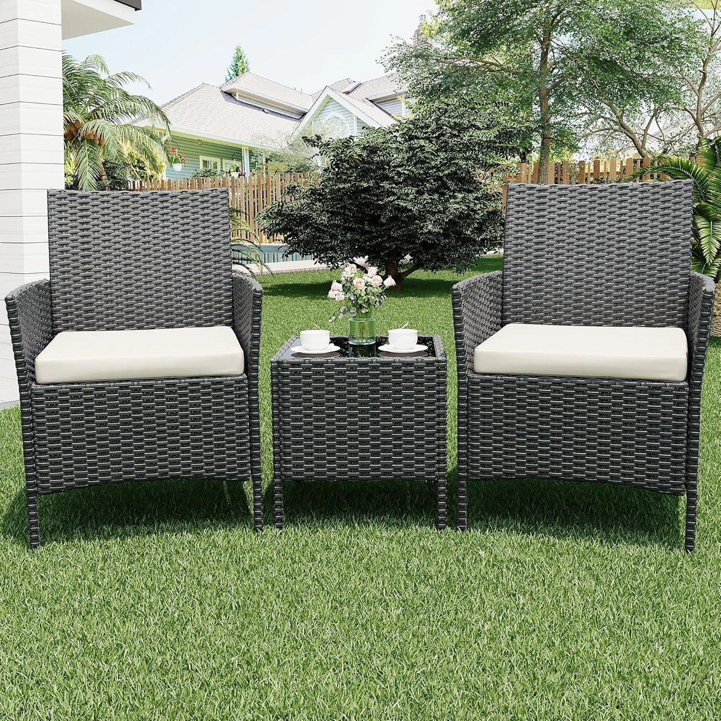 3-Piece Wicker Patio Sofa Set, All-Weather Rattan Conversation Set With Cushions & Glass Coffee Table For Garden, Porch, Lawn