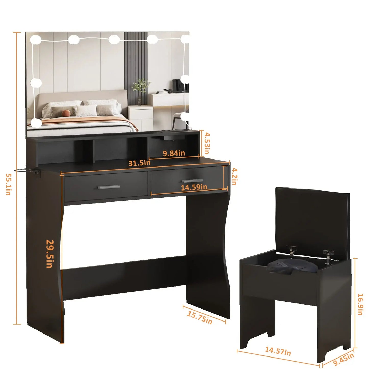 Vabches Vanity Desk With Lights Mirror And Power Outlet 2Drawer