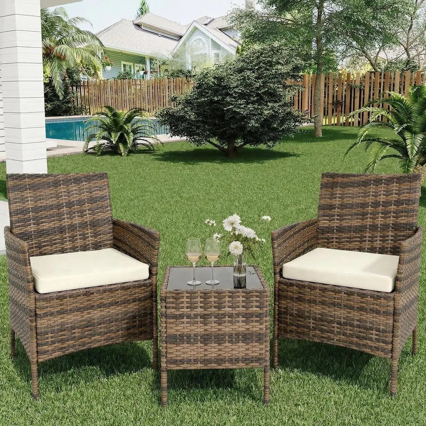 3-Piece Wicker Patio Sofa Set, All-Weather Rattan Conversation Set With Cushions & Glass Coffee Table For Garden, Porch, Lawn