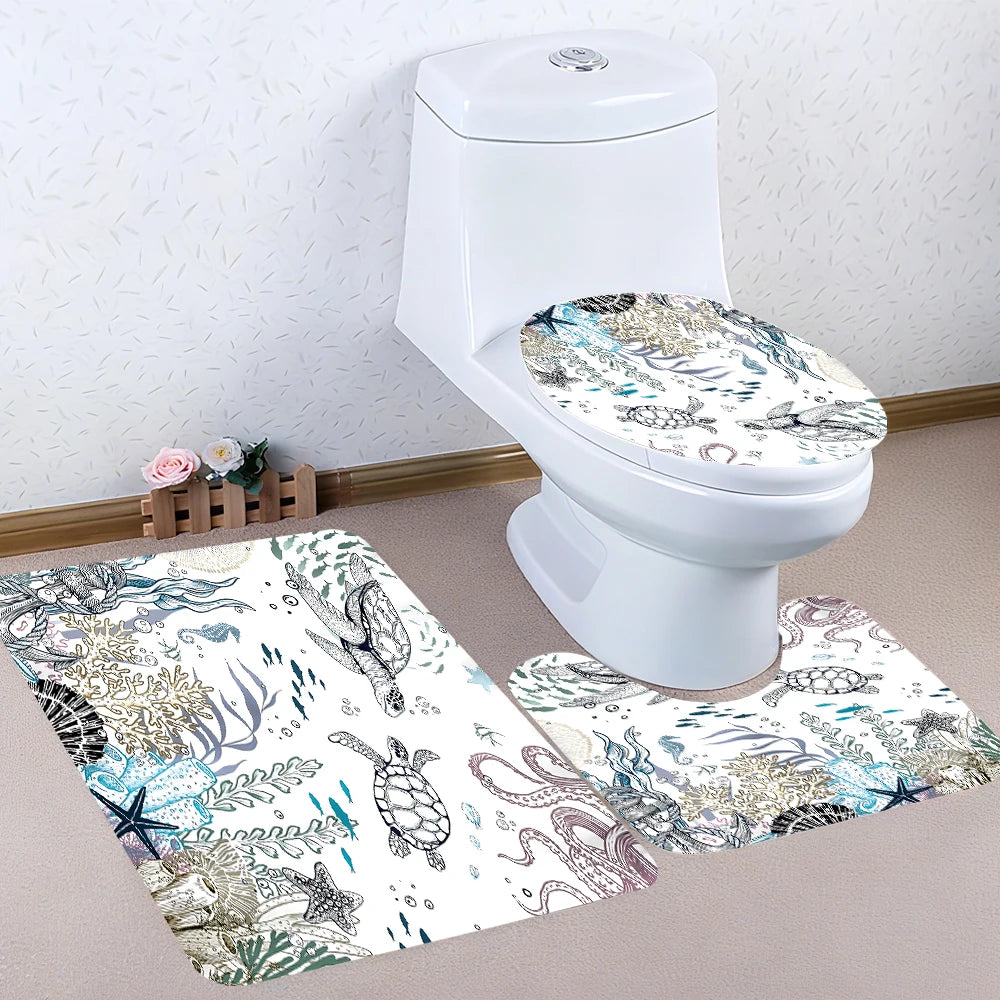 Turtle Four-Piece Bathroom Set With Waterproof Shower Curtain