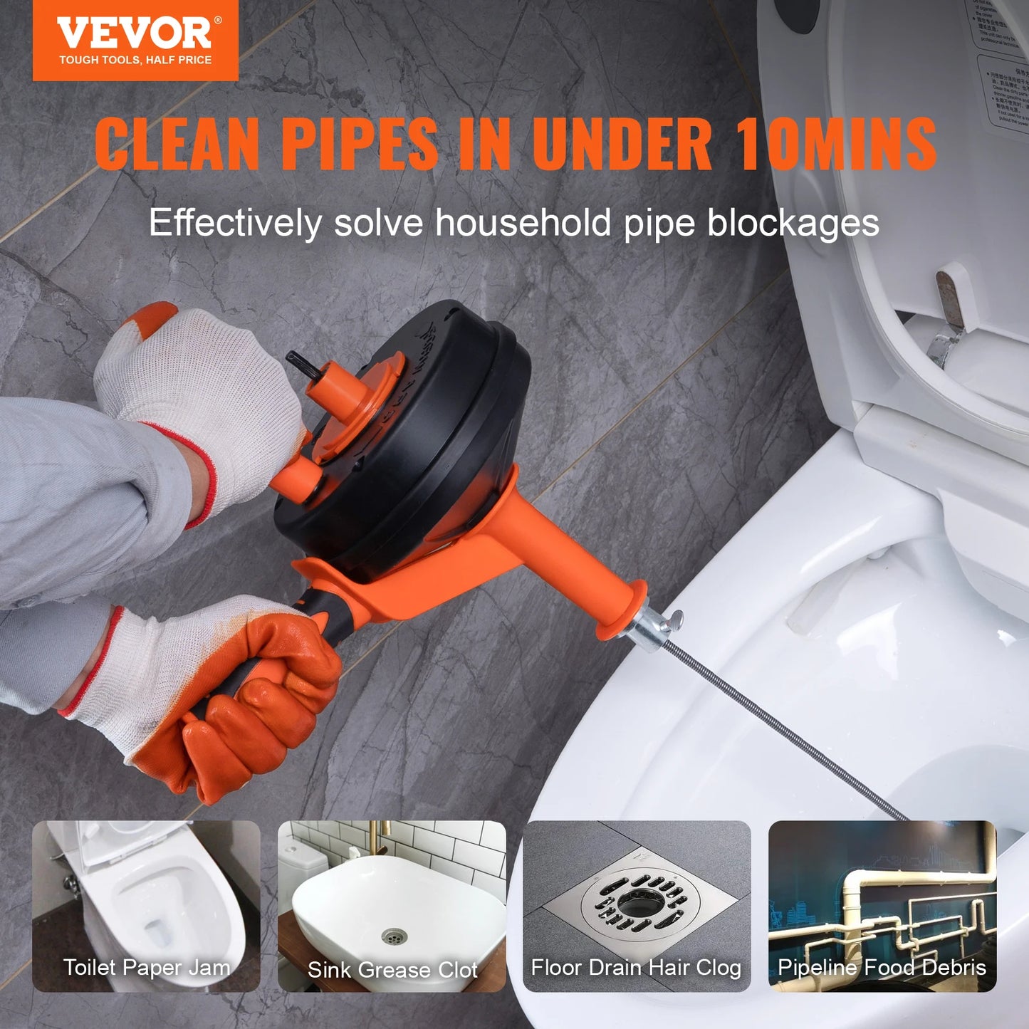 Drain Auger Manual Feeding Plumbing Snake With Drill Attachment