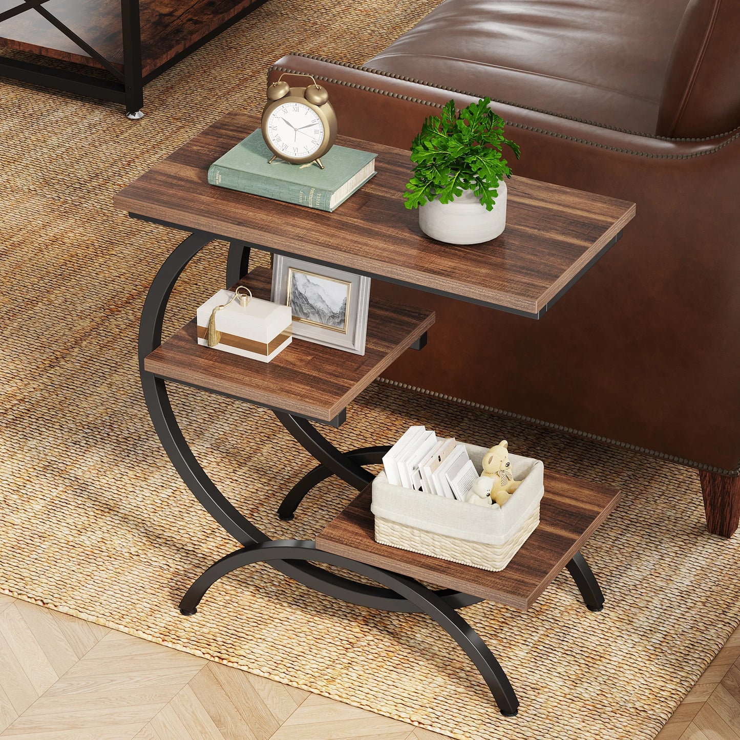 Tribesigns Industrial 3 Tier C Shaped End Table with Storage