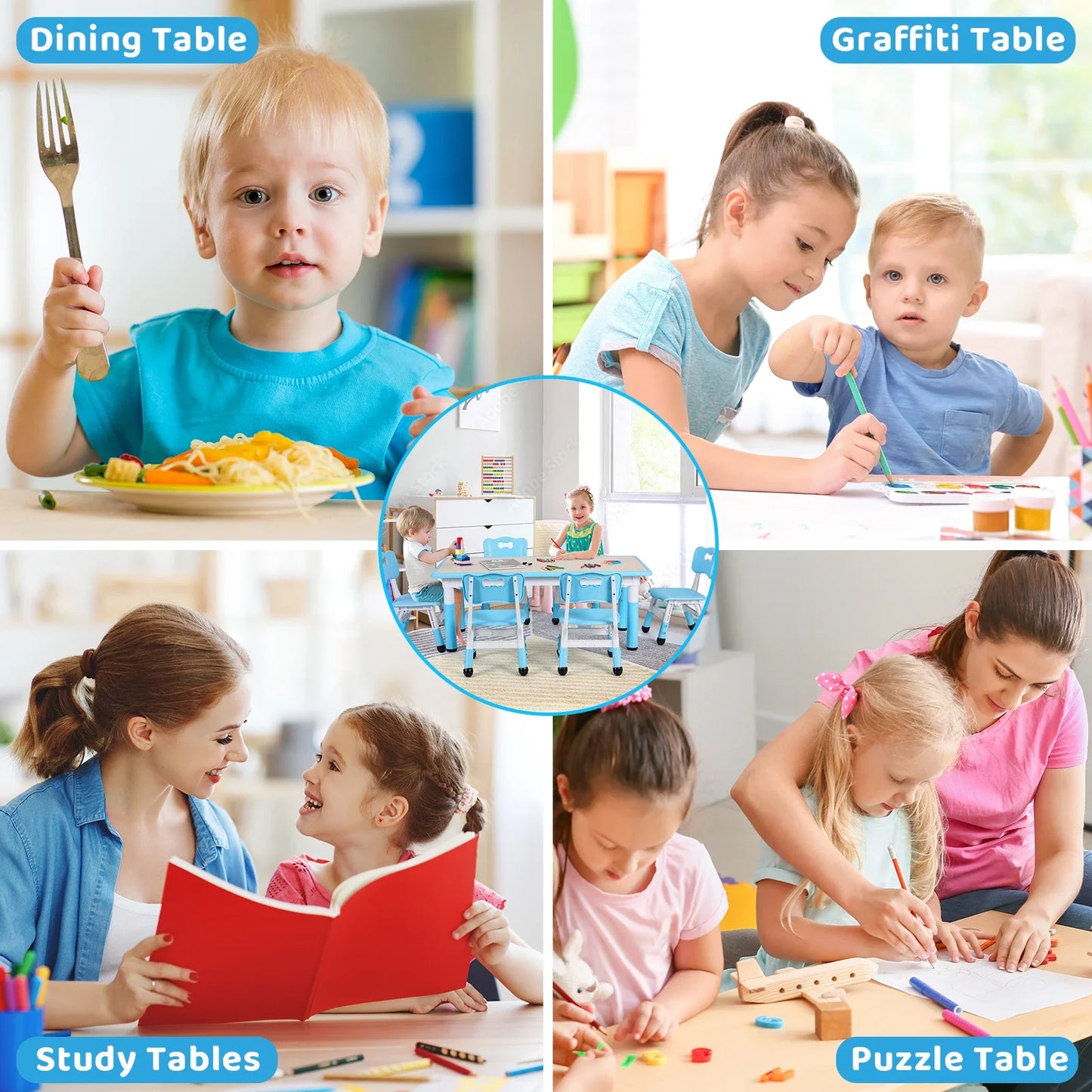 AuAg Kids Table 6 Chairs Set Height Adjustable Arts Desk