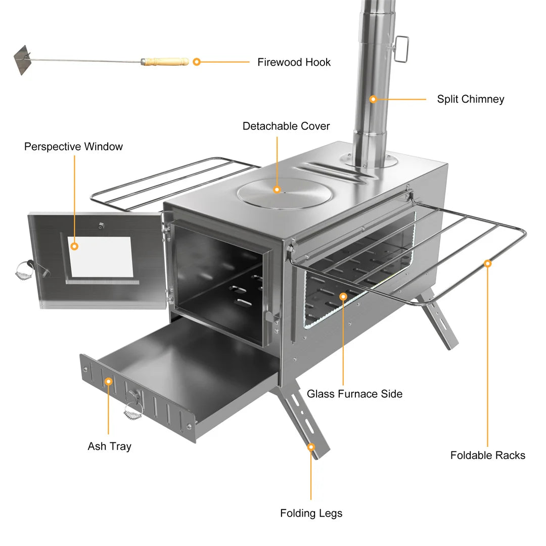 Portable Wood Burning Stove With Stainless Chimney Pipes Outdoor Cooking
