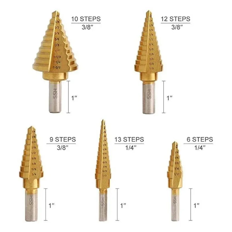 Meyoutown 5 Piece Titanium Coated Step Drill Bit Set