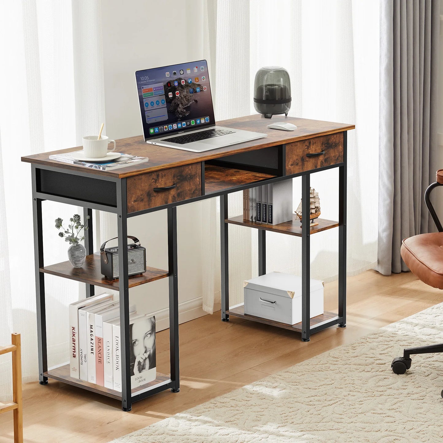 JHK Gaming Desk With Fabric Drawers Storage And Metal Frame