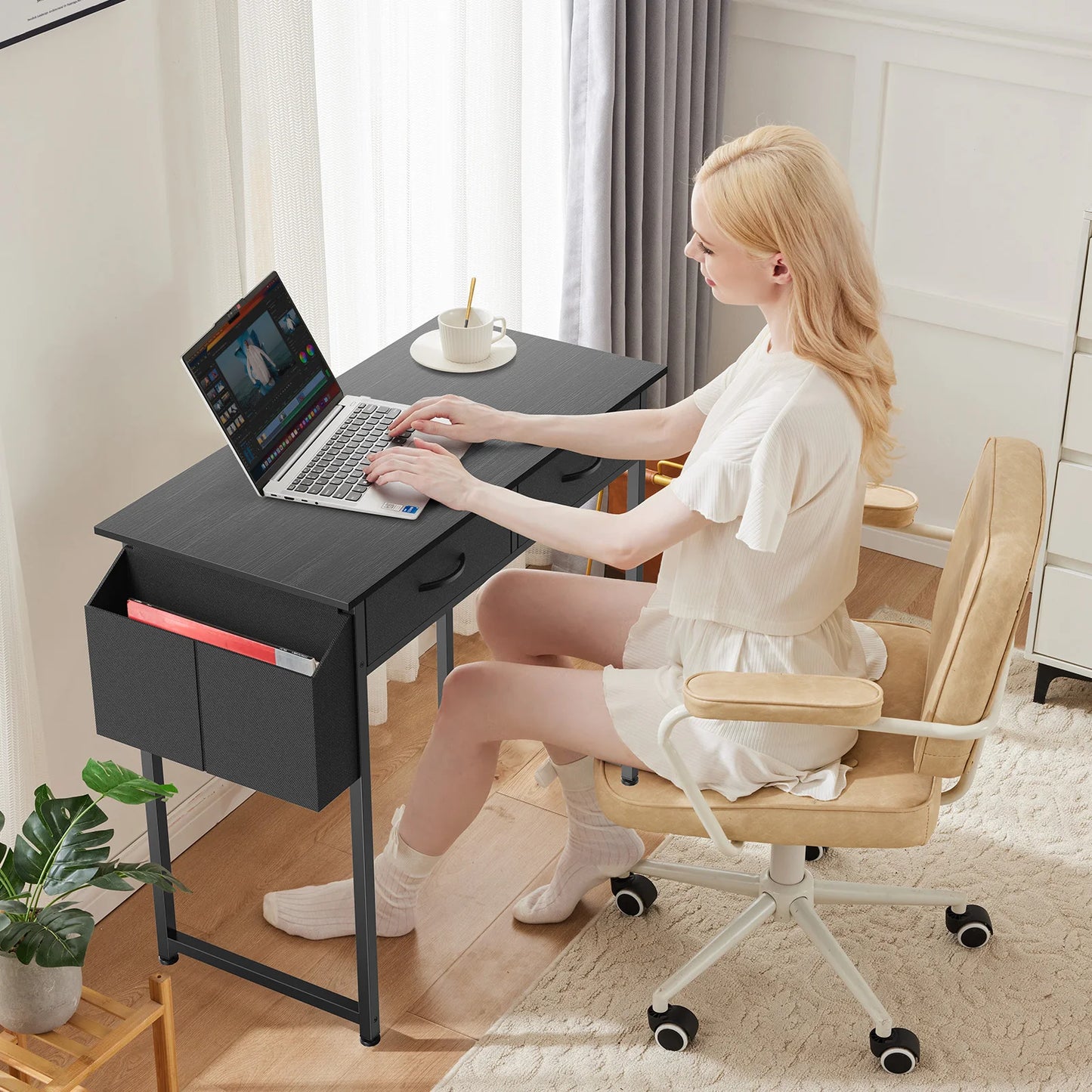 JHK Modern Office Desk Fabric Storage Drawers And Metal Frame