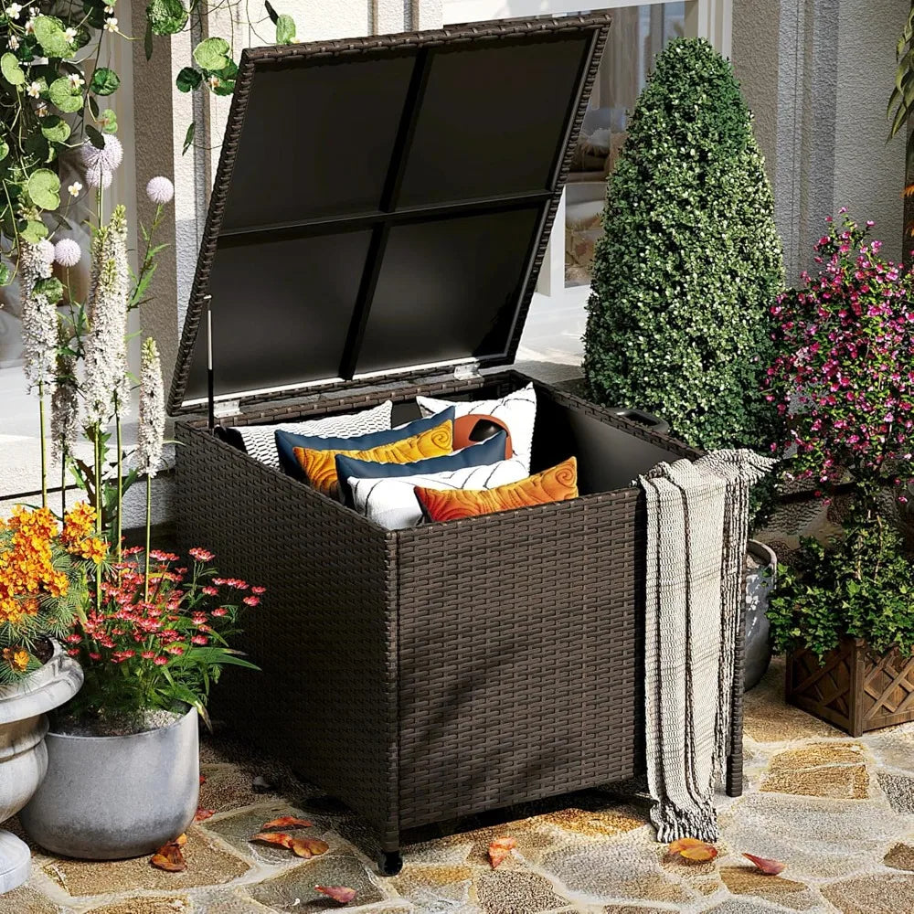 Outdoor Patio Deck Box Storage Wicker Rattan With Lid Weatherproof