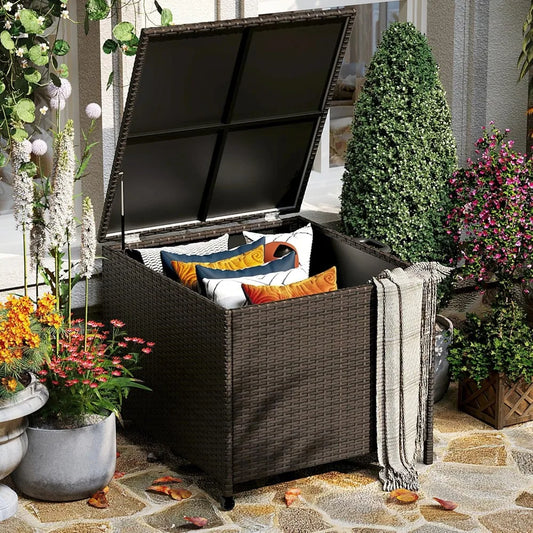 Outdoor Patio Deck Box Storage Wicker Rattan With Lid Weatherproof