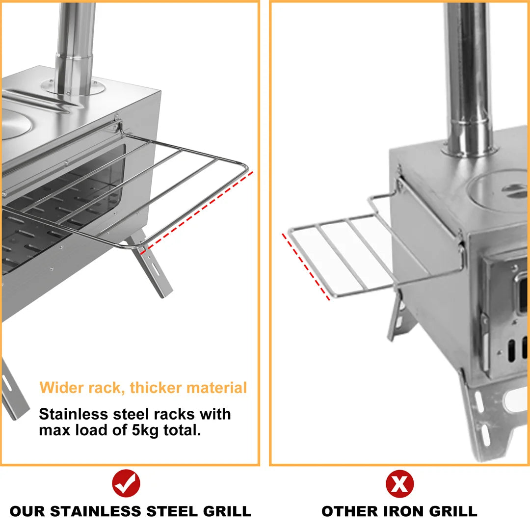 Portable Wood Burning Stove With Stainless Chimney Pipes Outdoor Cooking