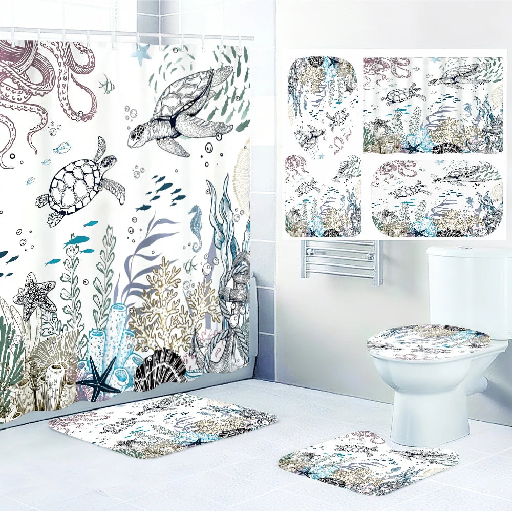 Turtle Four-Piece Bathroom Set With Waterproof Shower Curtain