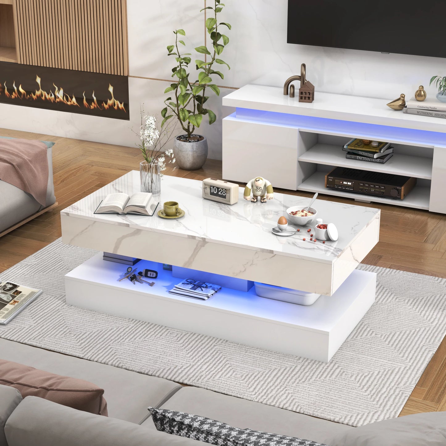 QiaoShiRen Modern LED Coffee Table With Double Drawers