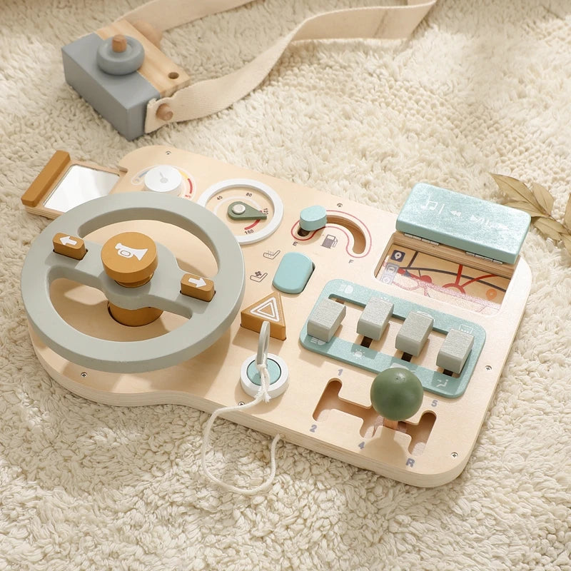 Montessori Baby Wooden Car Steering Wheel Activity Busy Board Education