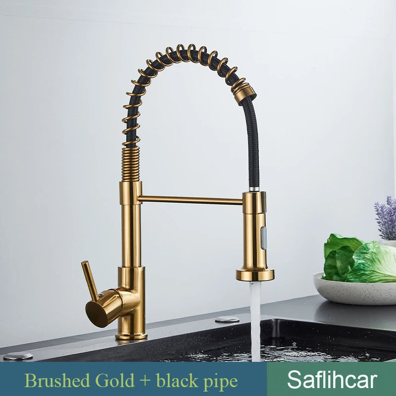 SAFLIHCAR Brushed Finish Pull Down Deck Mounted Kitchen Faucet Hot Cold