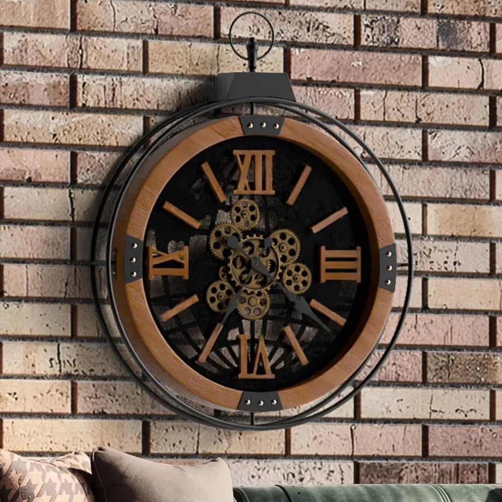 Rustic Farmhouse Gear Clock With Moving Gears And Iron Frame
