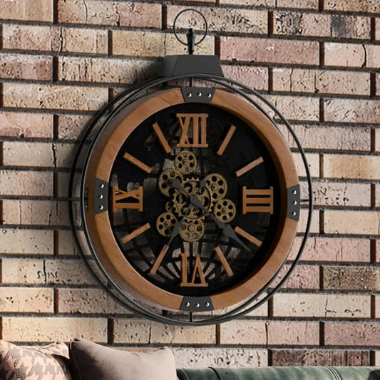 Rustic Farmhouse Gear Clock With Moving Gears And Iron Frame