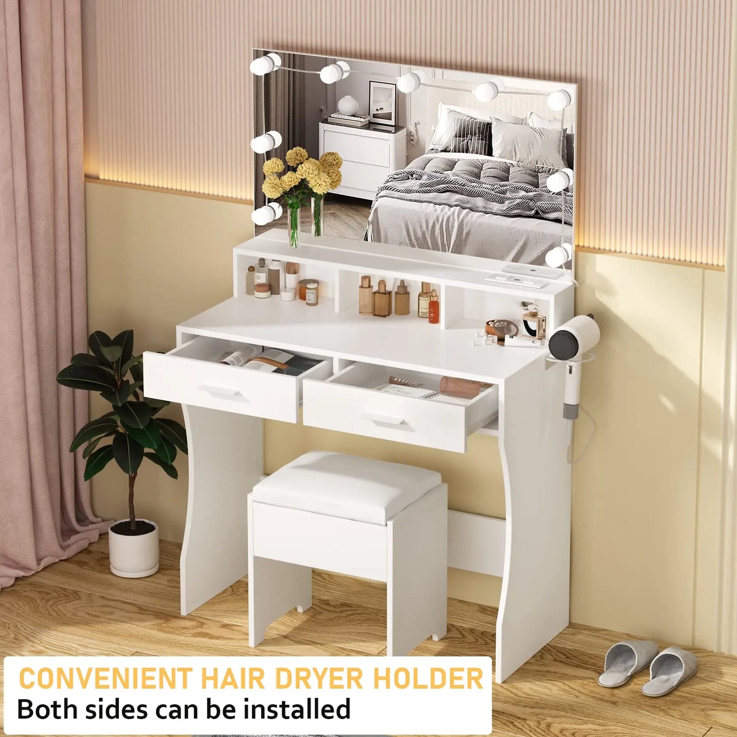 Vabches Vanity Desk With Lights Mirror And Power Outlet 2Drawer