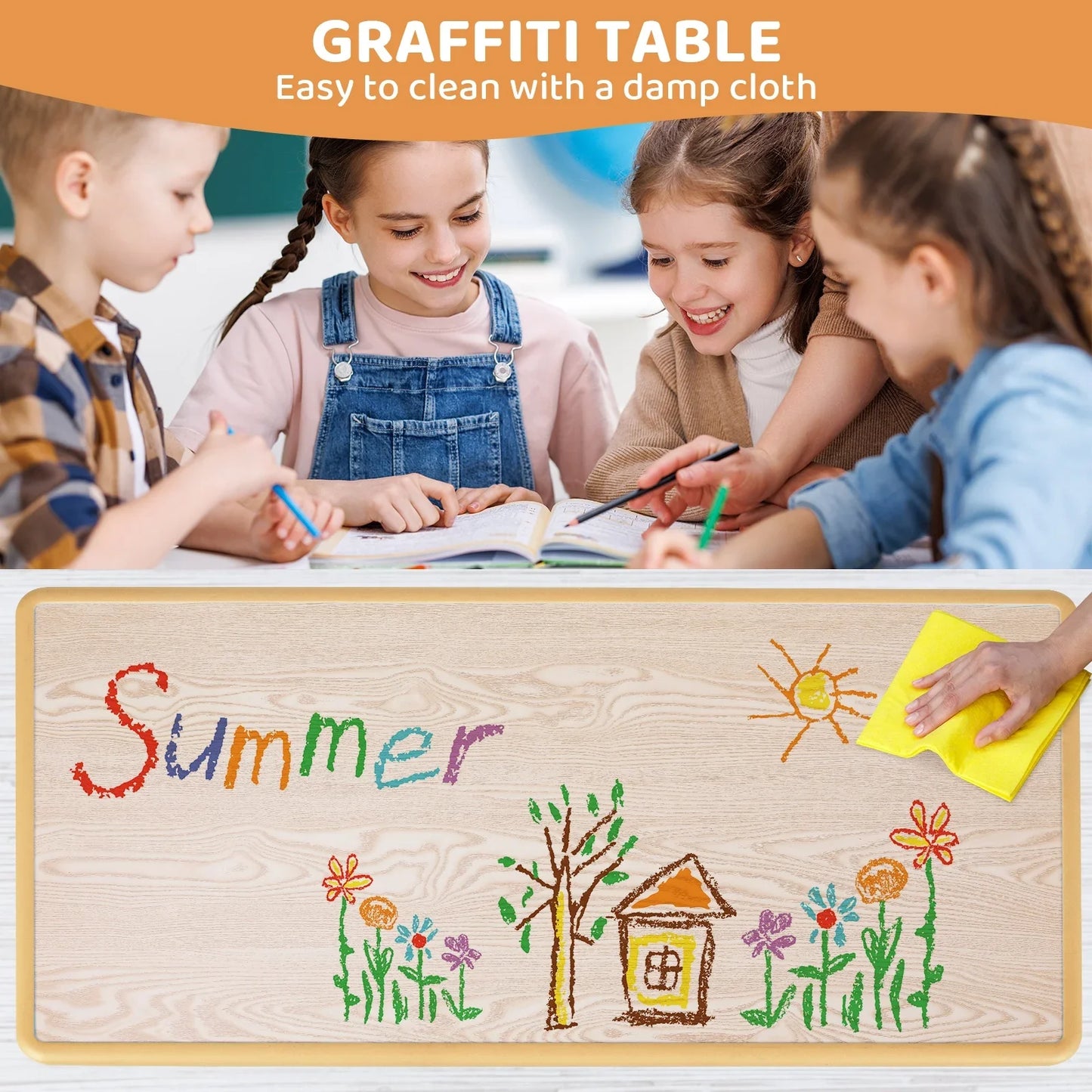 AuAg Kids Table 6 Chairs Set Height Adjustable Arts Desk