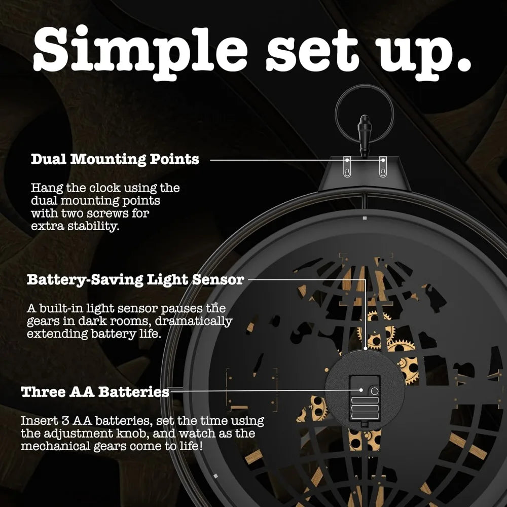 Rustic Farmhouse Gear Clock With Moving Gears And Iron Frame