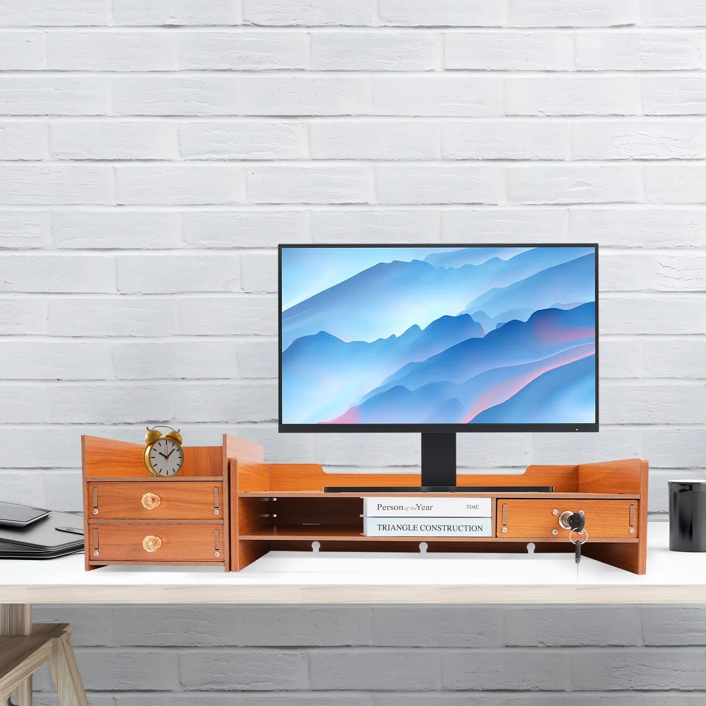 Wood Monitor Stand Riser 2-Tier Drawer for PC Desk Ergonomic