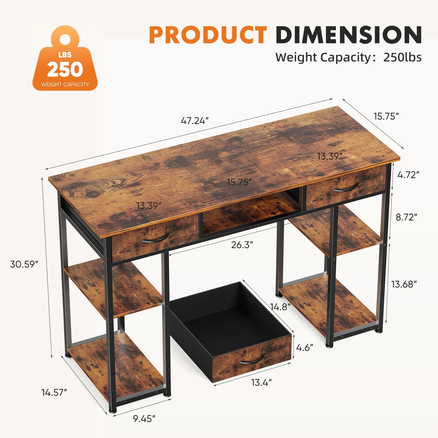 JHK Gaming Desk With Fabric Drawers Storage And Metal Frame