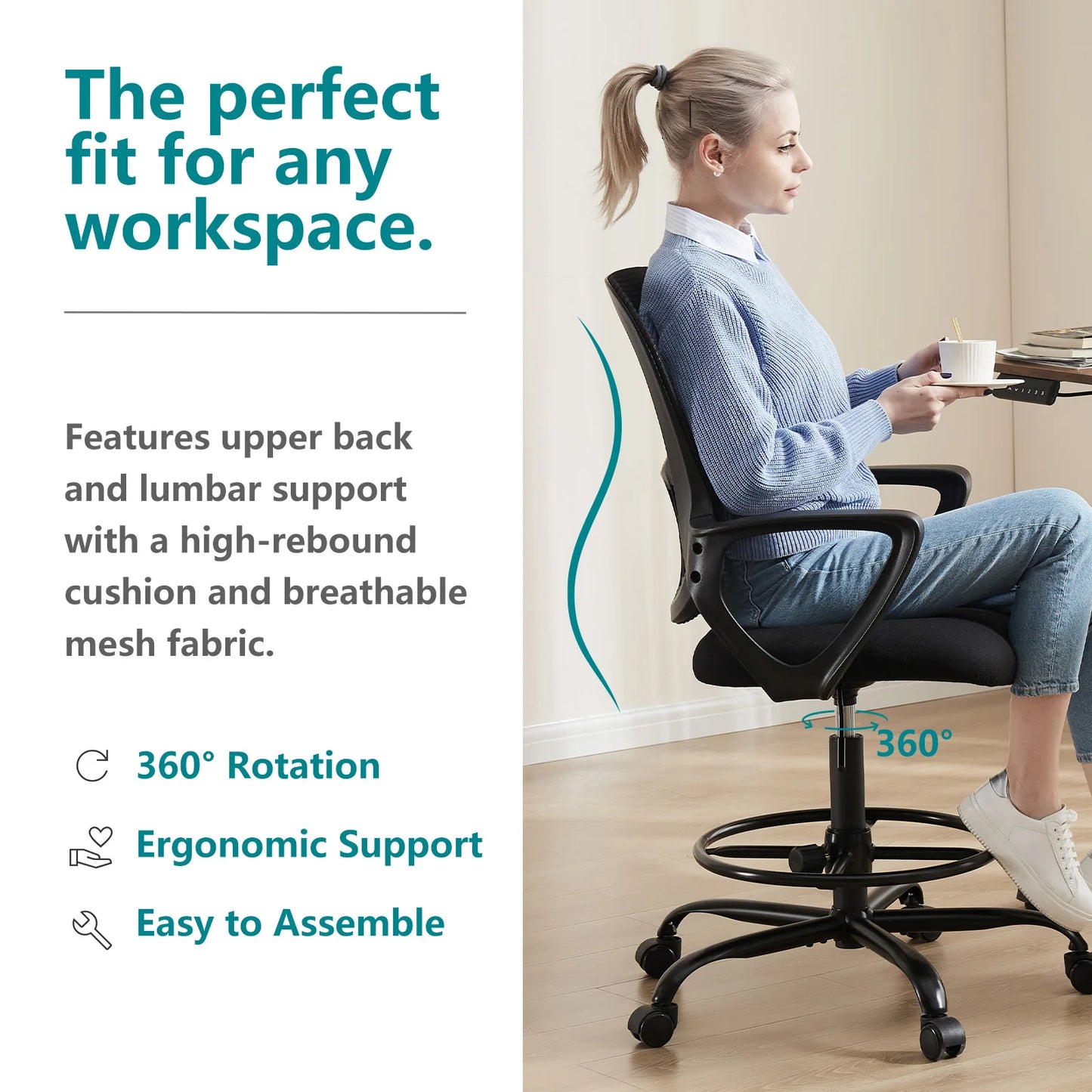 JHK Ergonomic Mesh Backrest Office Chair With Adjustable Height Wheels