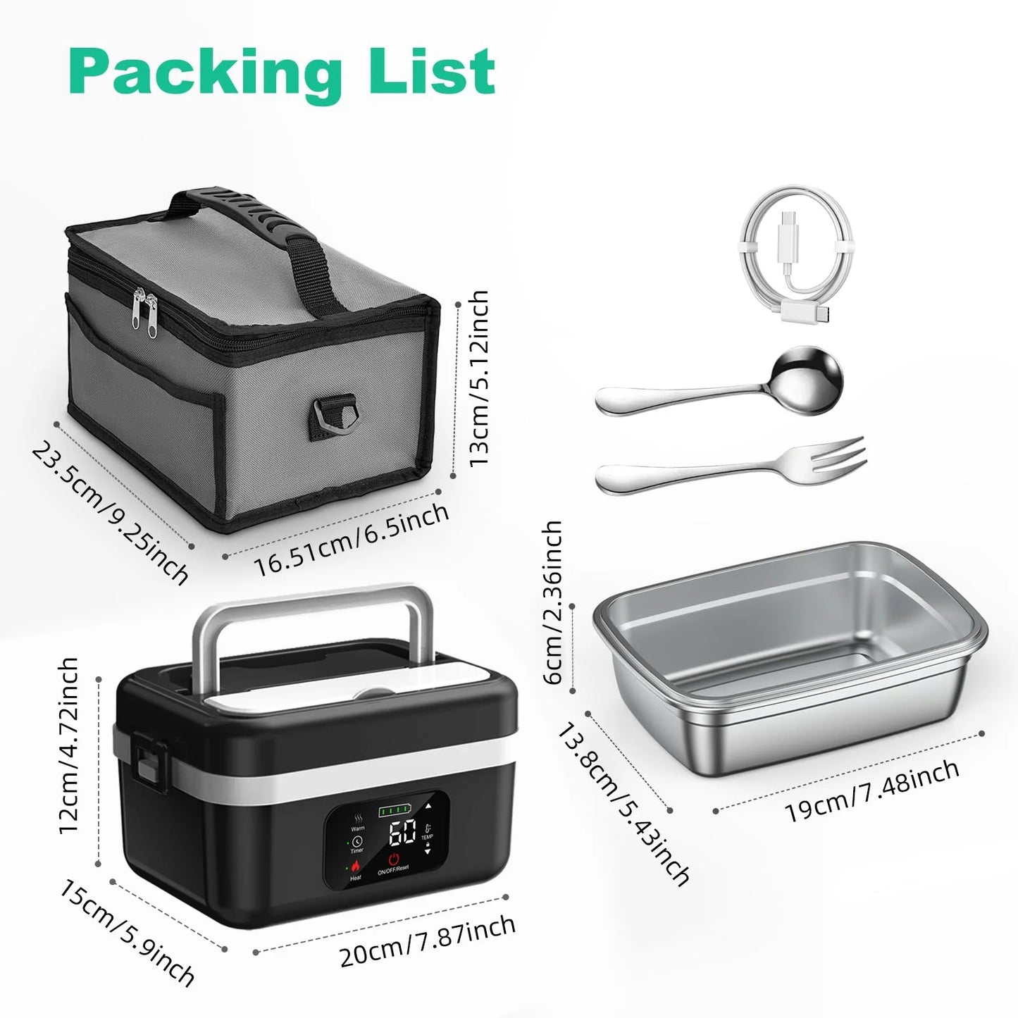 Rechargeable Timer Lunch Box With Automatic Heating And Insulated Bag