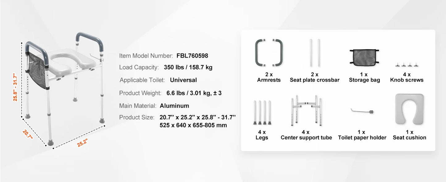 SucceBuy Raised Toilet Seat 7-Position Height Adjustment 19.3" - 25.2" 350lbs Weight Capacity with Comfort Padded Aluminum Frame