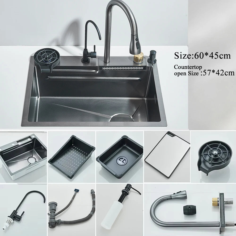MYQualife 304 Stainless Steel Waterfall Kitchen Sink Digital Display Faucet