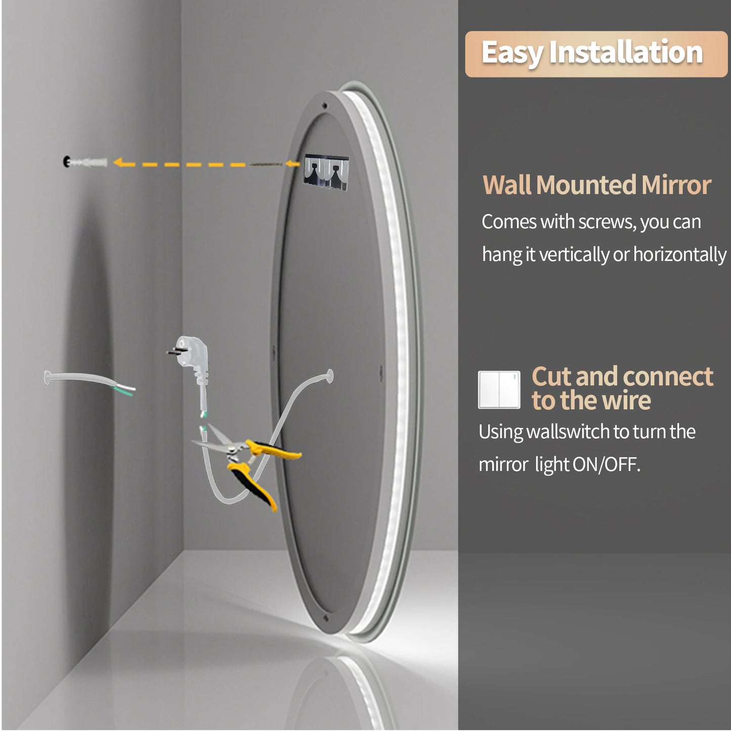 Anti-fog LED Bathroom Mirror Circle Backlit HD Wall Mounted Vanity Mirror Shatterproof 3 Colors Lights Adjust