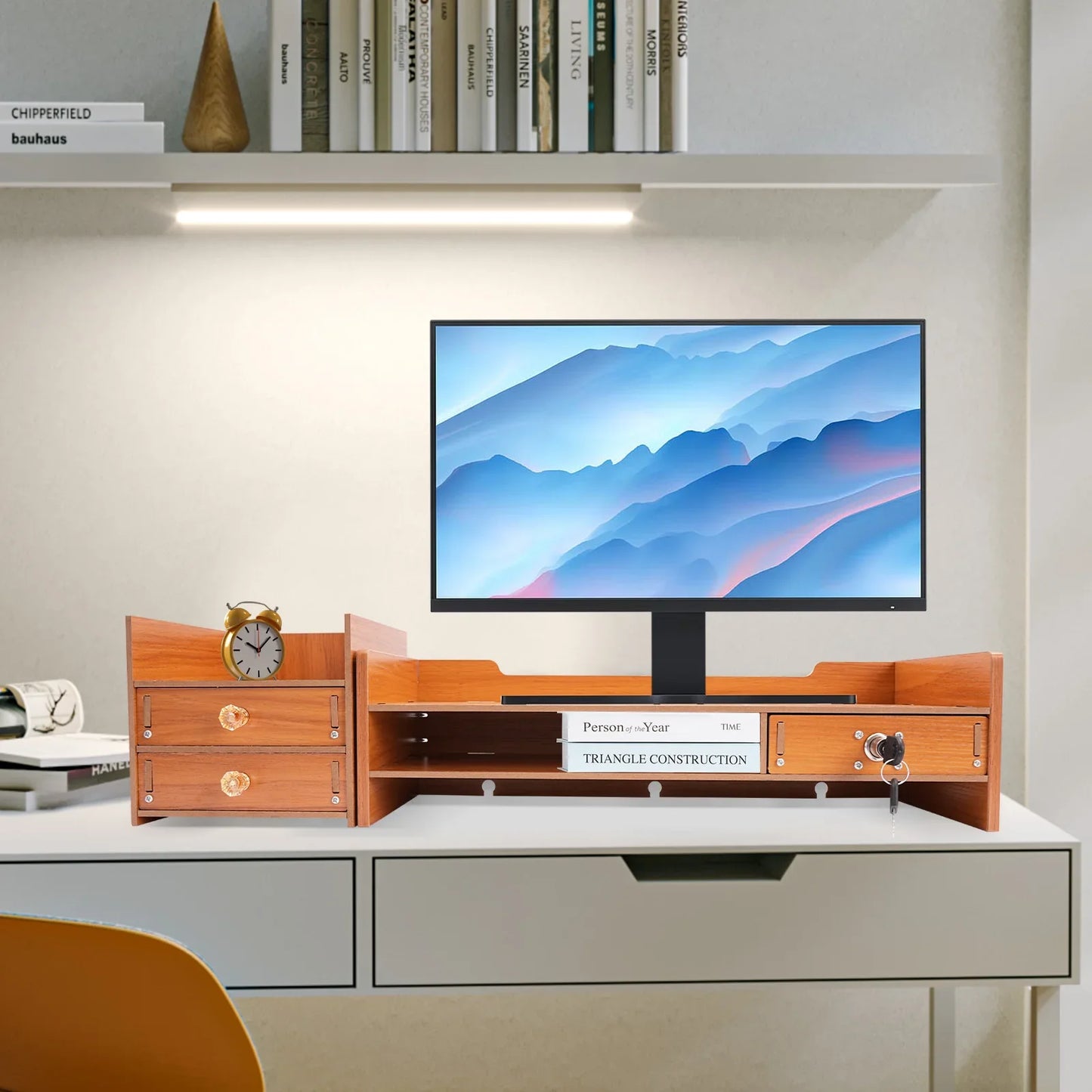 Wood Monitor Stand Riser 2-Tier Drawer for PC Desk Ergonomic