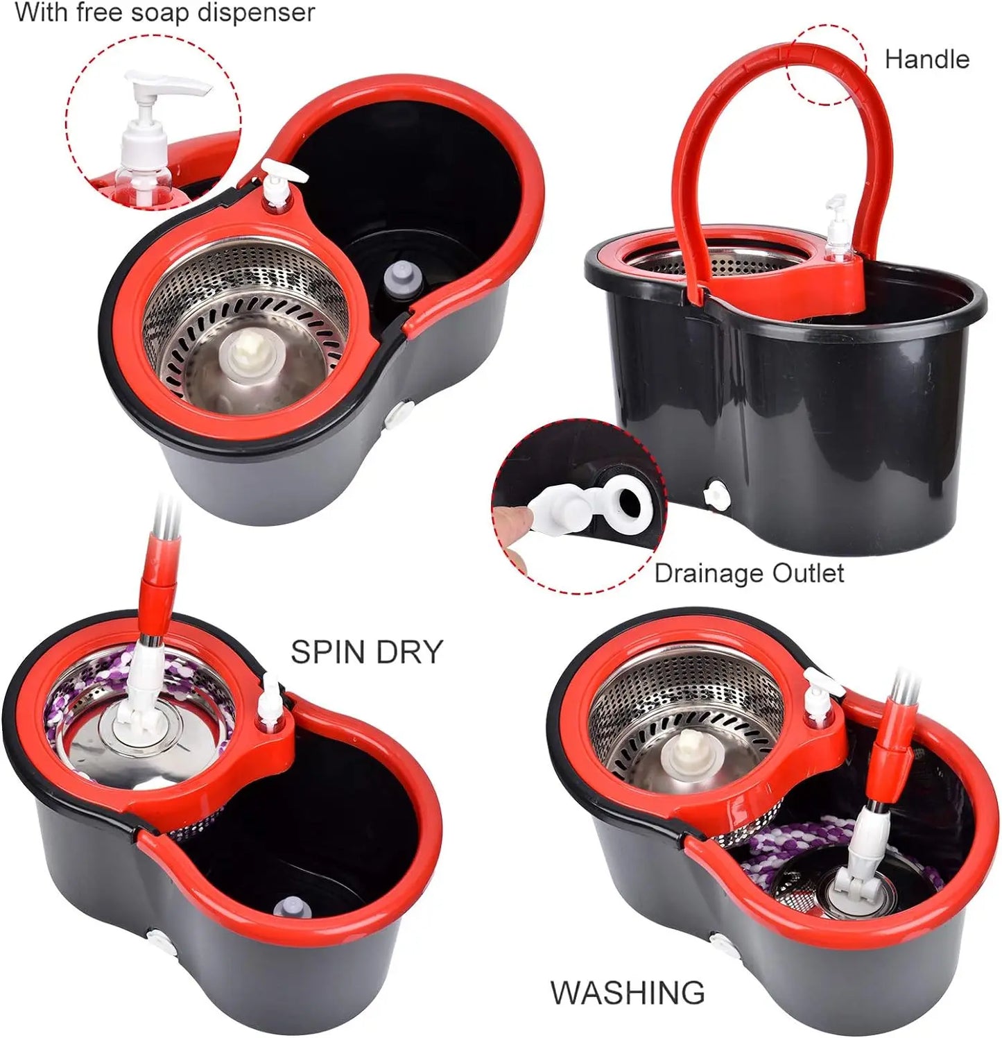 NONECN 360 Spin Mop Bucket Set With Wring Microfiber Heads