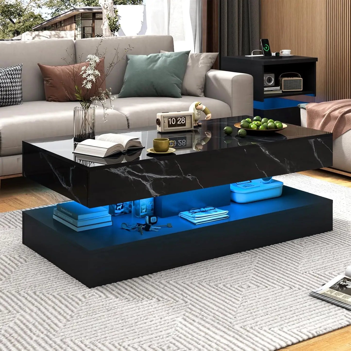 QiaoShiRen Modern LED Coffee Table With Double Drawers