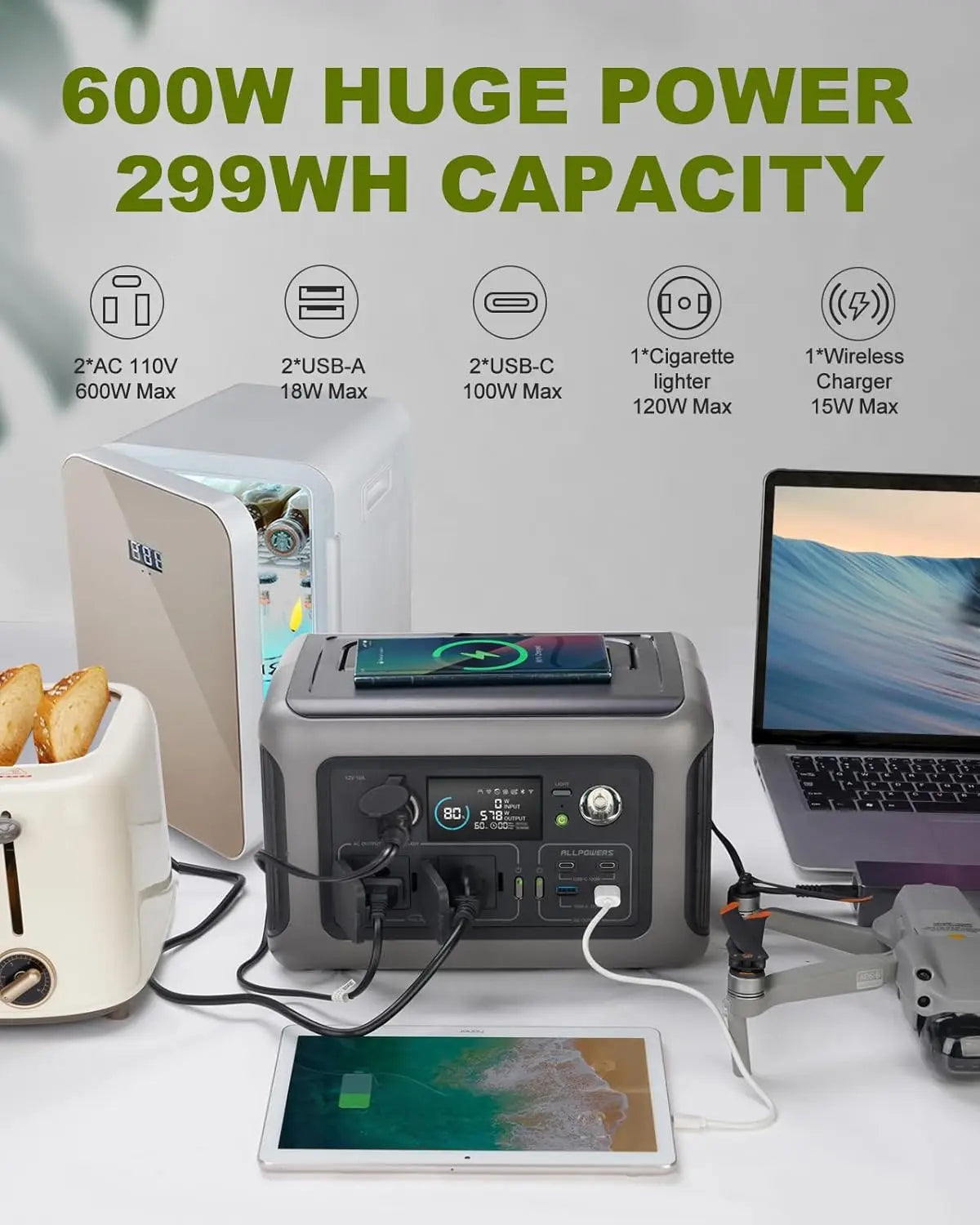 ALLPOWERS R600 Portable Power Station 299Wh LiFePO4 600W AC Outlets