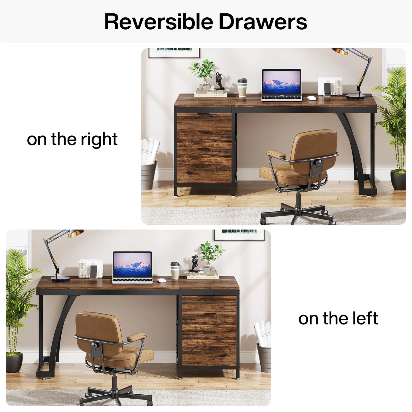Tribesigns Industrial Computer Desk With 3 Drawers And Reversible Setup