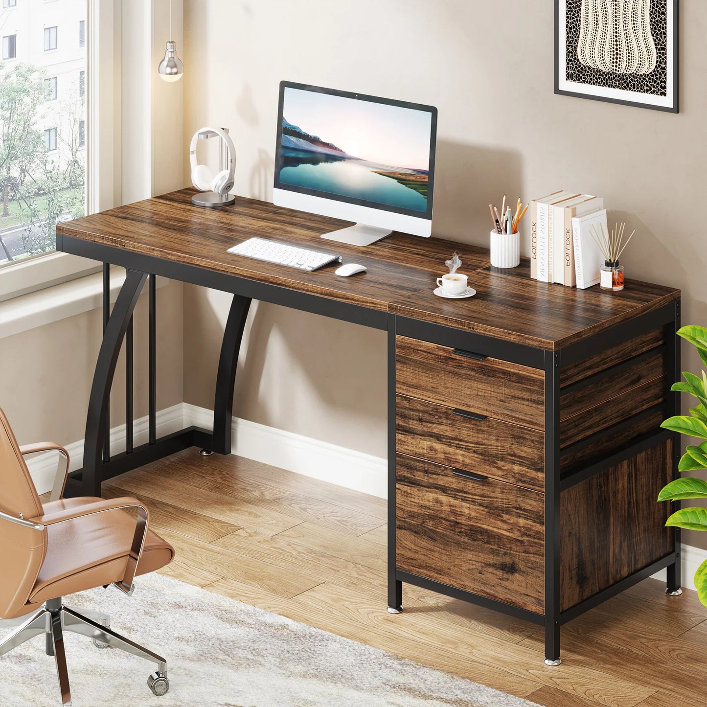 Tribesigns Industrial Computer Desk With 3 Drawers And Reversible Setup