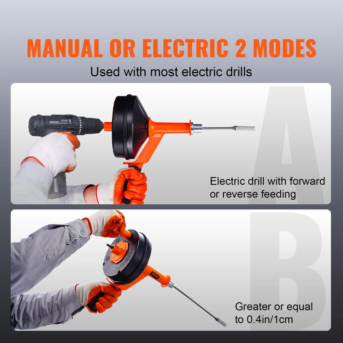 Drain Auger Manual Feeding Plumbing Snake With Drill Attachment