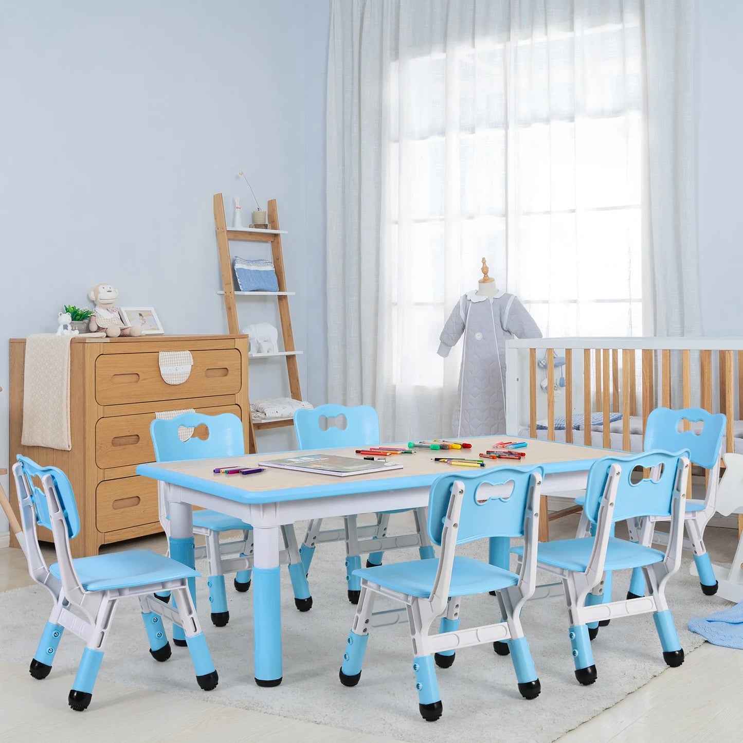 AuAg Kids Table 6 Chairs Set Height Adjustable Arts Desk