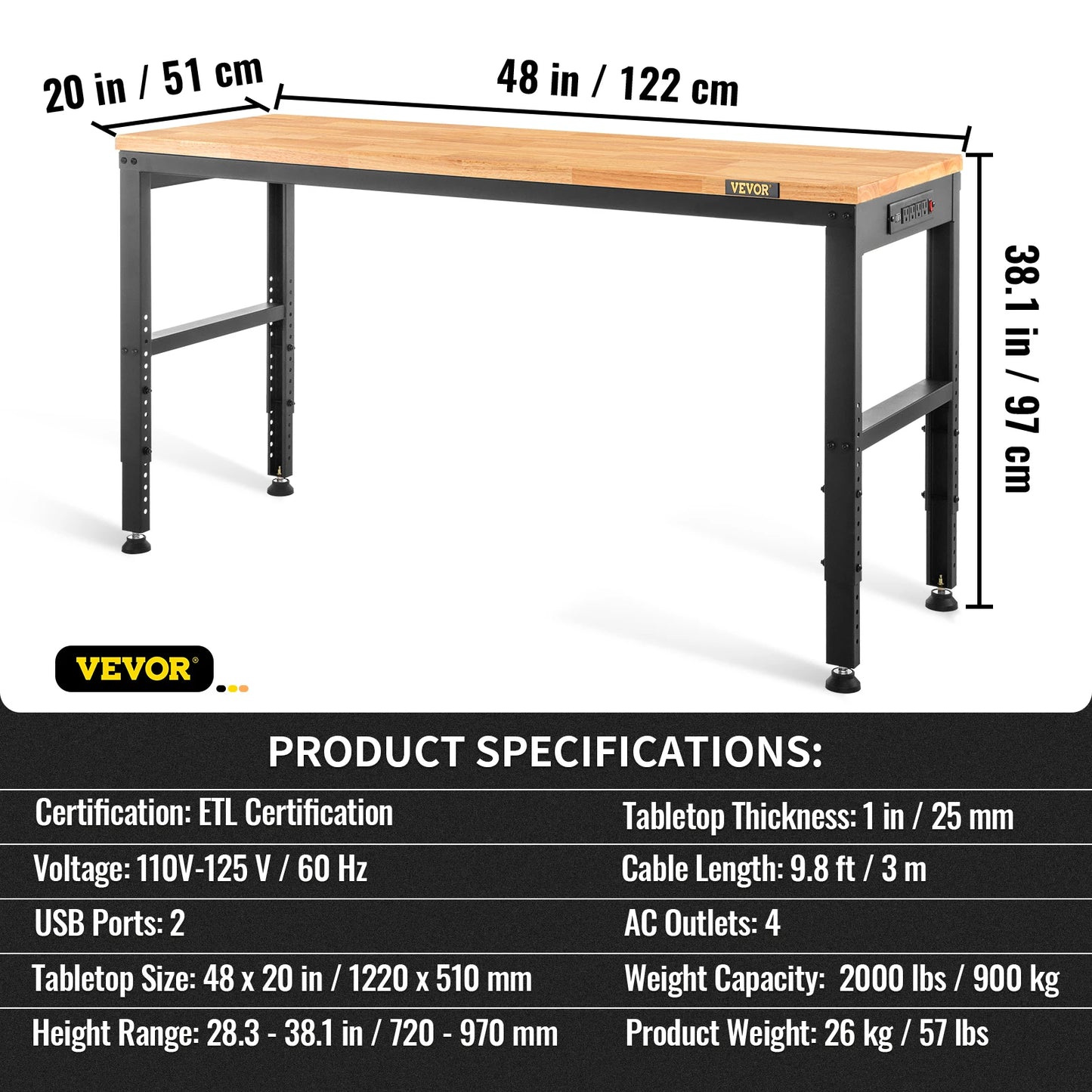 Woodworking Workbench with Adjustable Height Oak Top and Frame