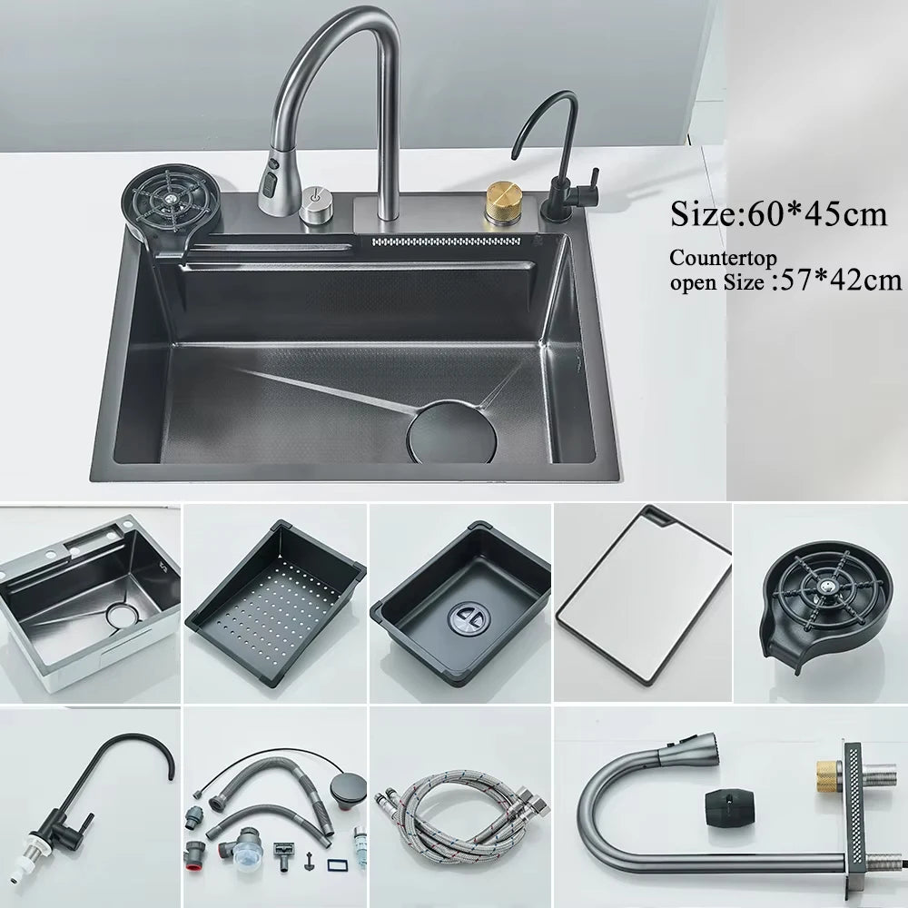 MYQualife 304 Stainless Steel Waterfall Kitchen Sink Digital Display Faucet