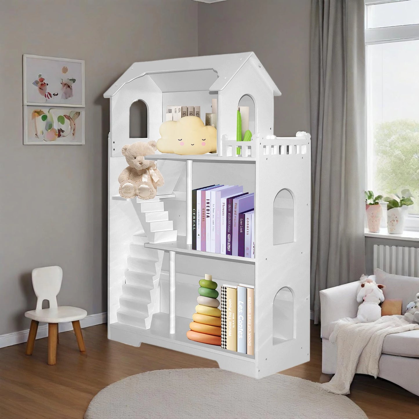 Wooden Dollhouse Bookshelf 3 Tier Toy Storage Organizer For Kids