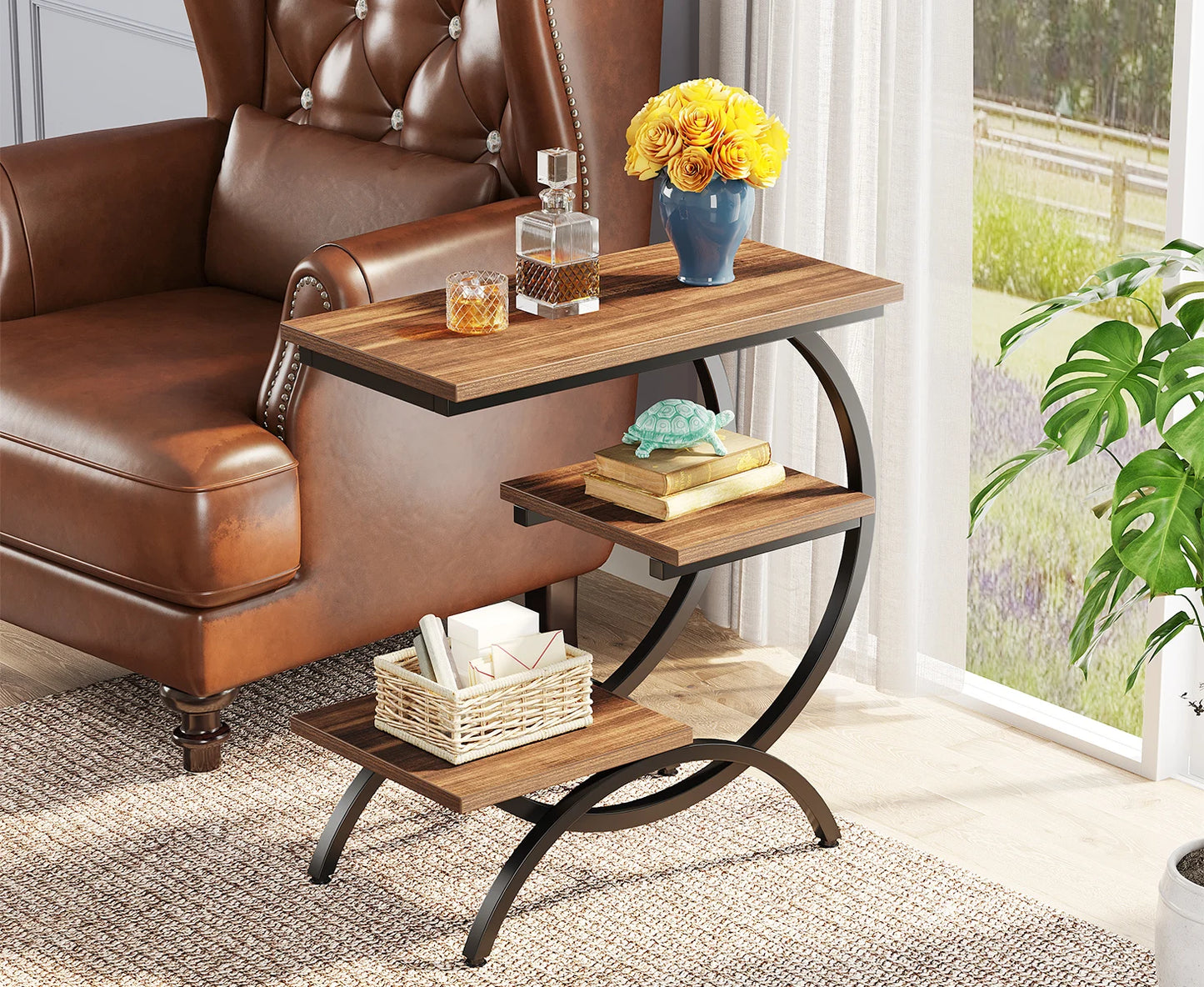 Tribesigns Industrial 3 Tier C Shaped End Table with Storage